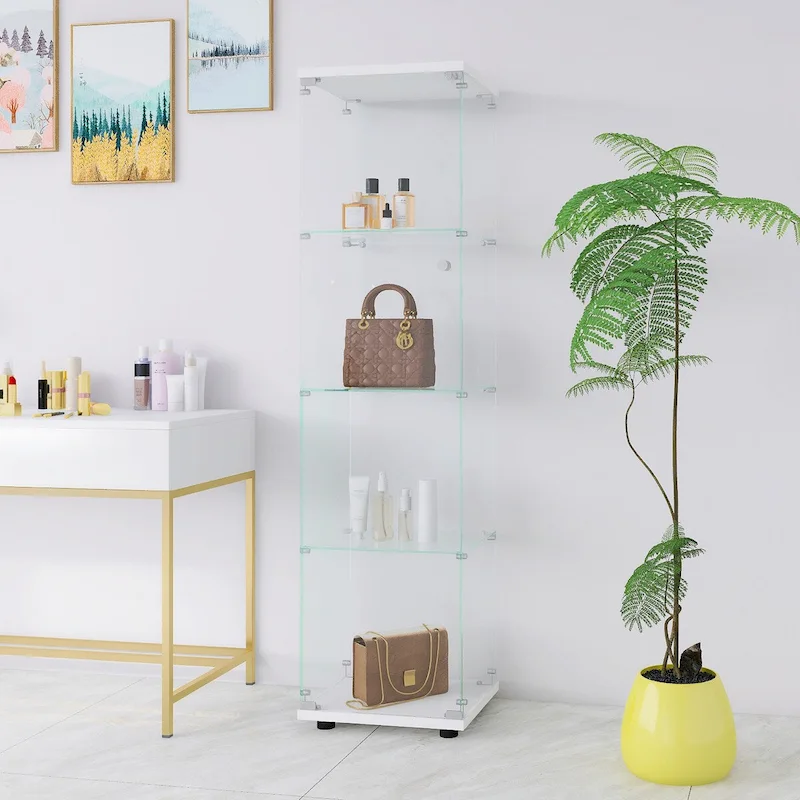 White/Black 4-Shelf Glass Display Cabinet with Door – Single