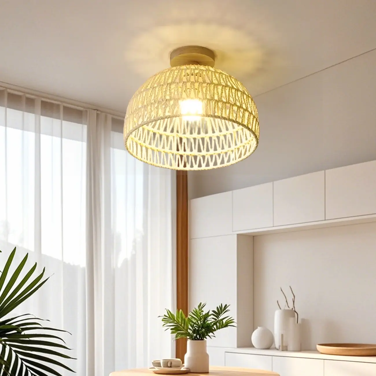 Natural Finish Semi Flush Ceiling Light with Rope Dome Shade