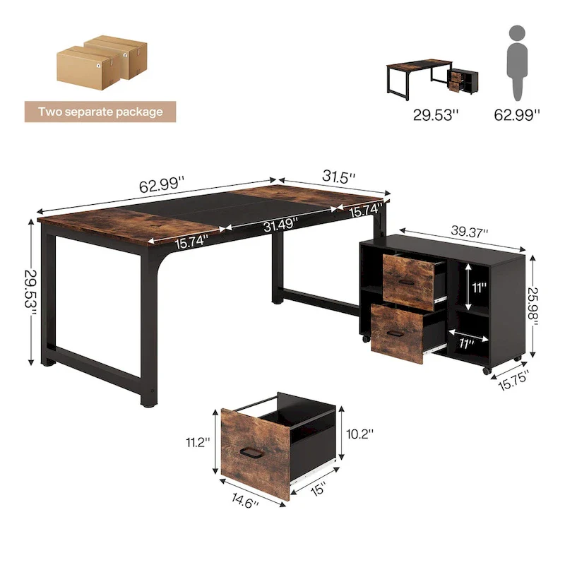 63 L-Shaped Executive Desk with 40 File Drawer Cabinet