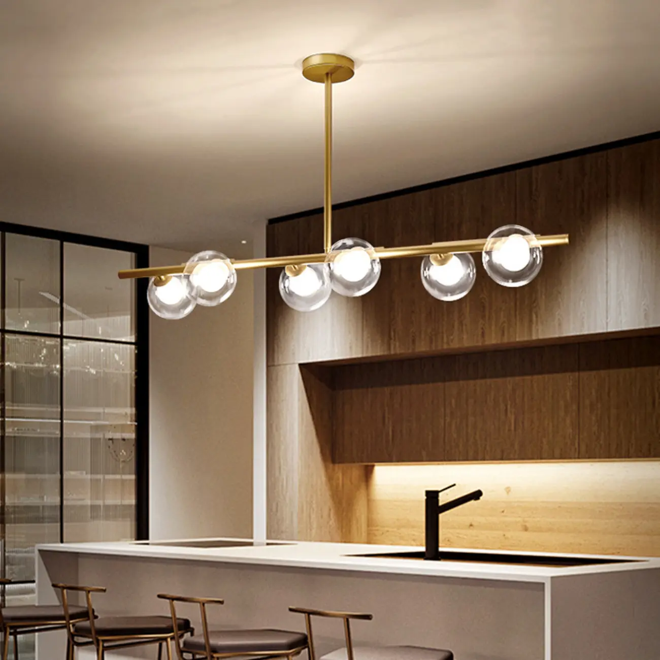 Gold Linear Island Light with 6 Lights Transparent Glass Globe Shades