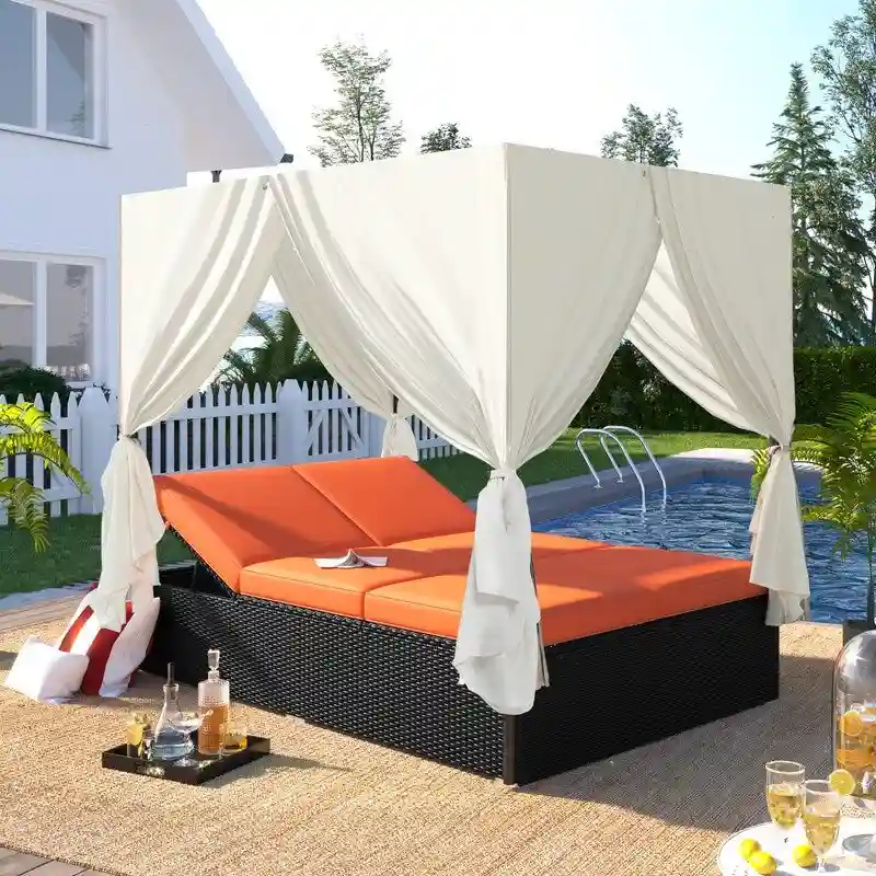 Adjustable Outdoor Patio Wicker Sunbed Daybed w/Cushions,Canopy