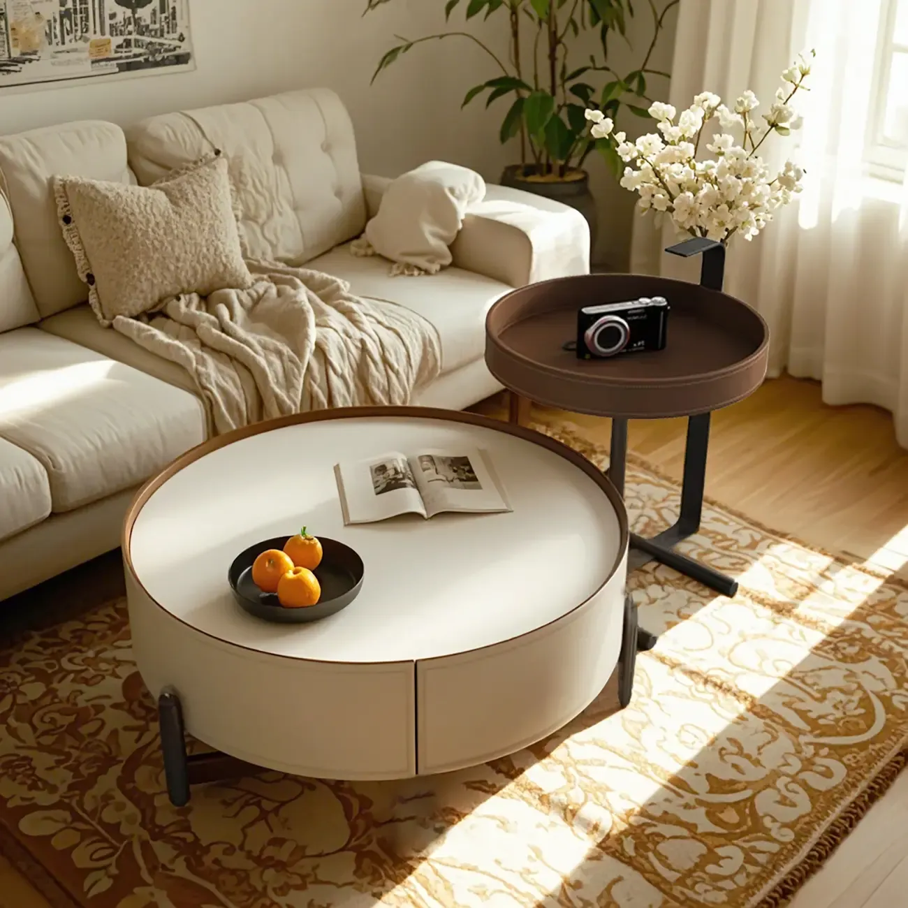 Modern Round Beige Coffee Table with Storage for Living Room
