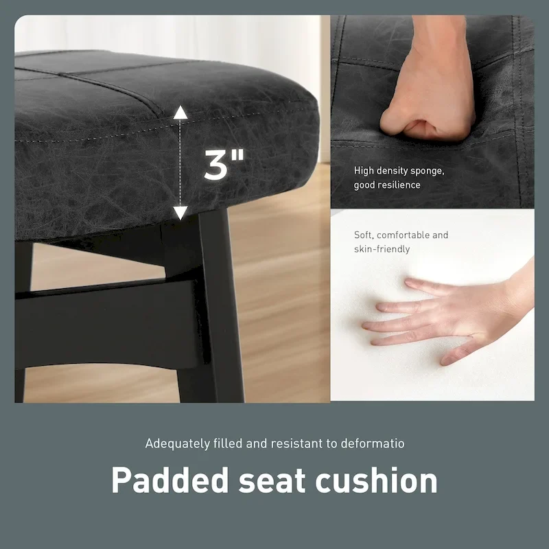 24 Inch Solid Wood Barstools with Linen / PU Leather Fabric Cushion, Set of 2