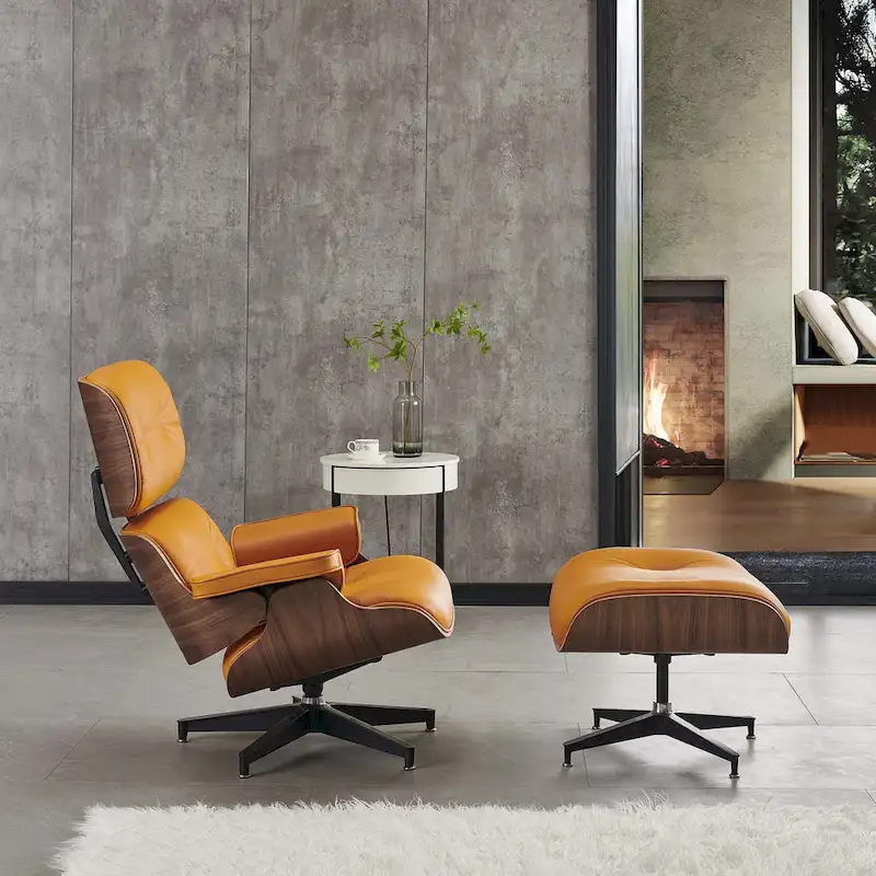 Mid-Century Modern Lounger Real Leather Arm Chair and Ottoman