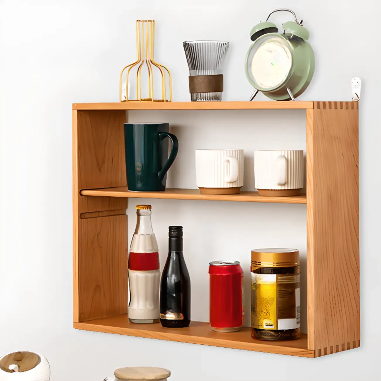 Natural Finish Wooden 2 Shelves Wall-Mounted Display Cabinet