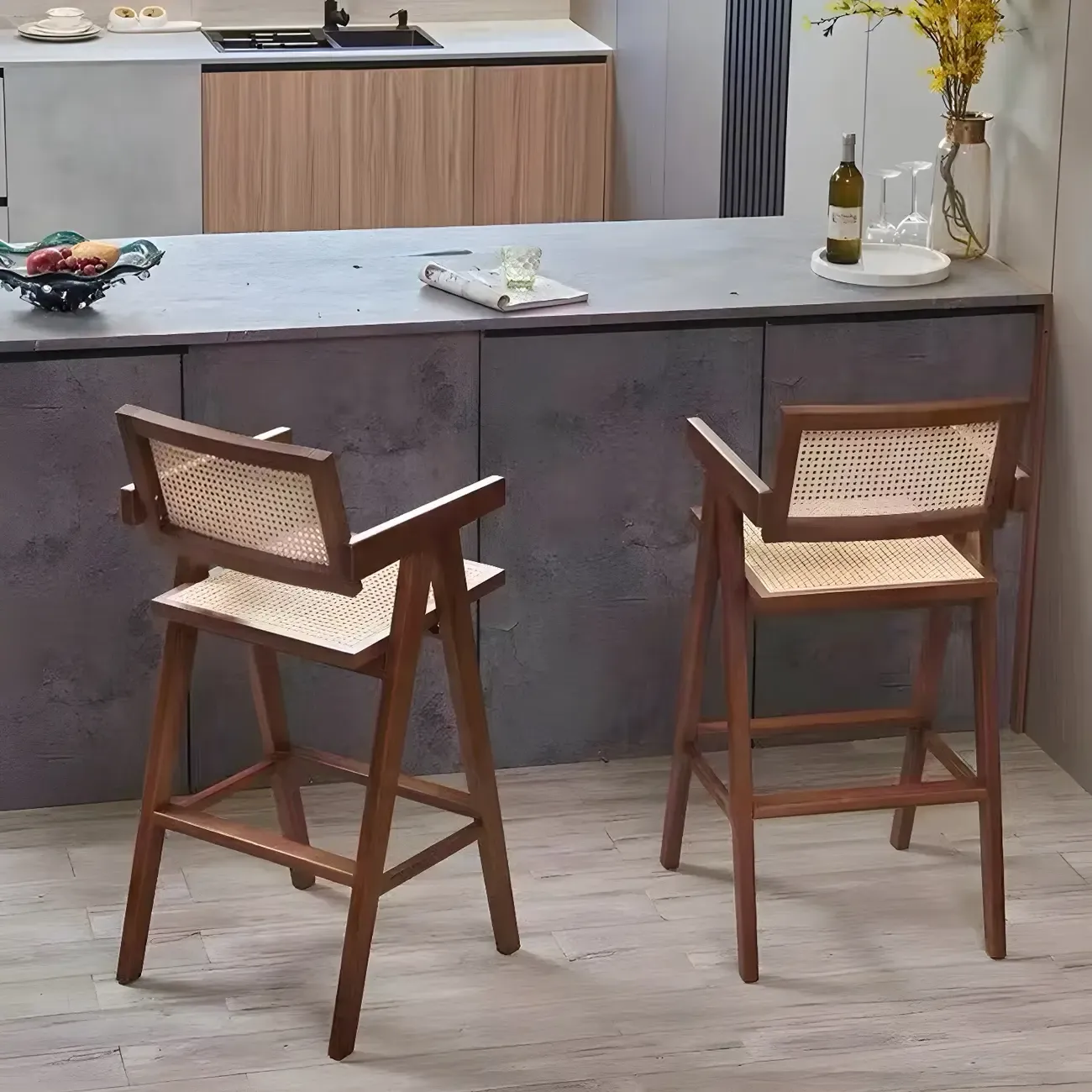 Mid-Century Rattan Square Stackable Counter Height Stools