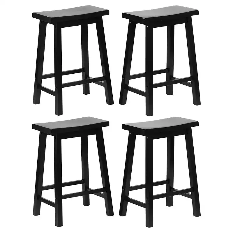 PJ Wood Classic Saddle-Seat 24 Tall Kitchen Counter Stools for Homes, Dining Spaces, and Bars w/Backless Seats, 4 Square Legs, Black (Set of 4)