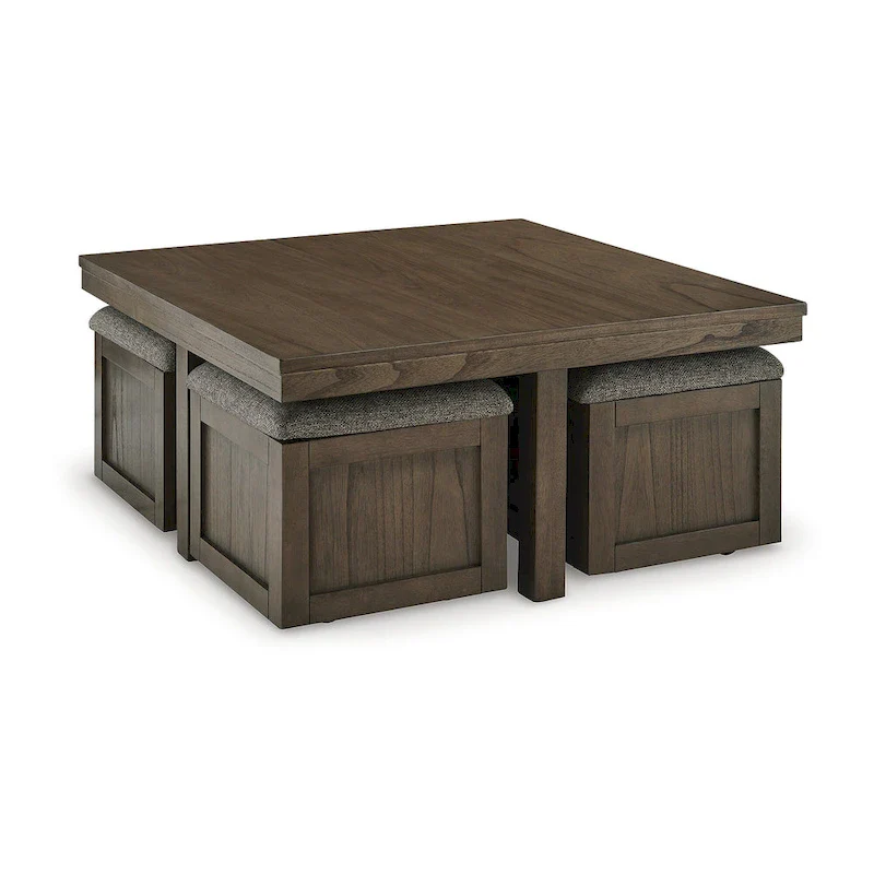 Brown Veneer Coffee Table with 4 Stools, 40W x 40D x 18H