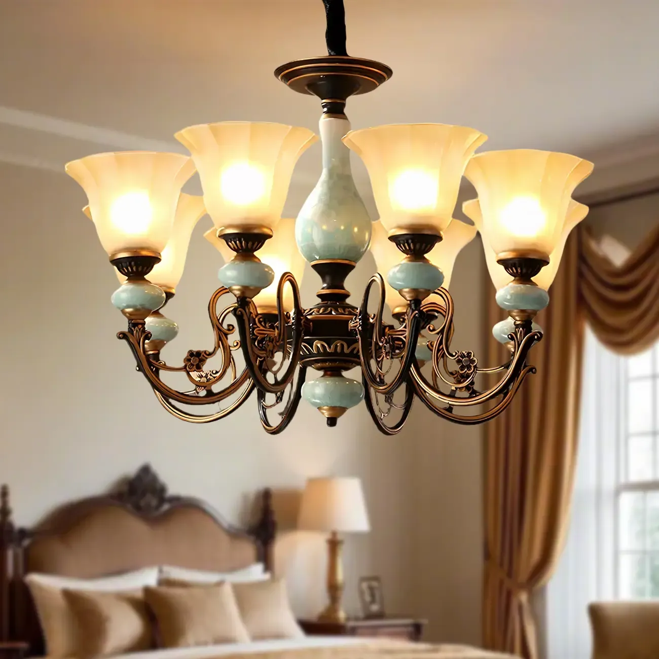 Vintage Dining Room Mental Rust Green Ceramic Glass Bell Shape Chandelier