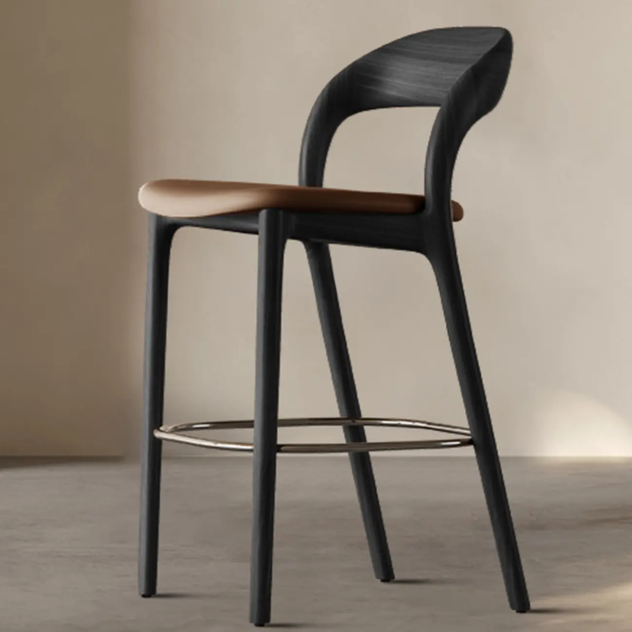 Mid-Century Modern Wood Faux Leather Bar Stool