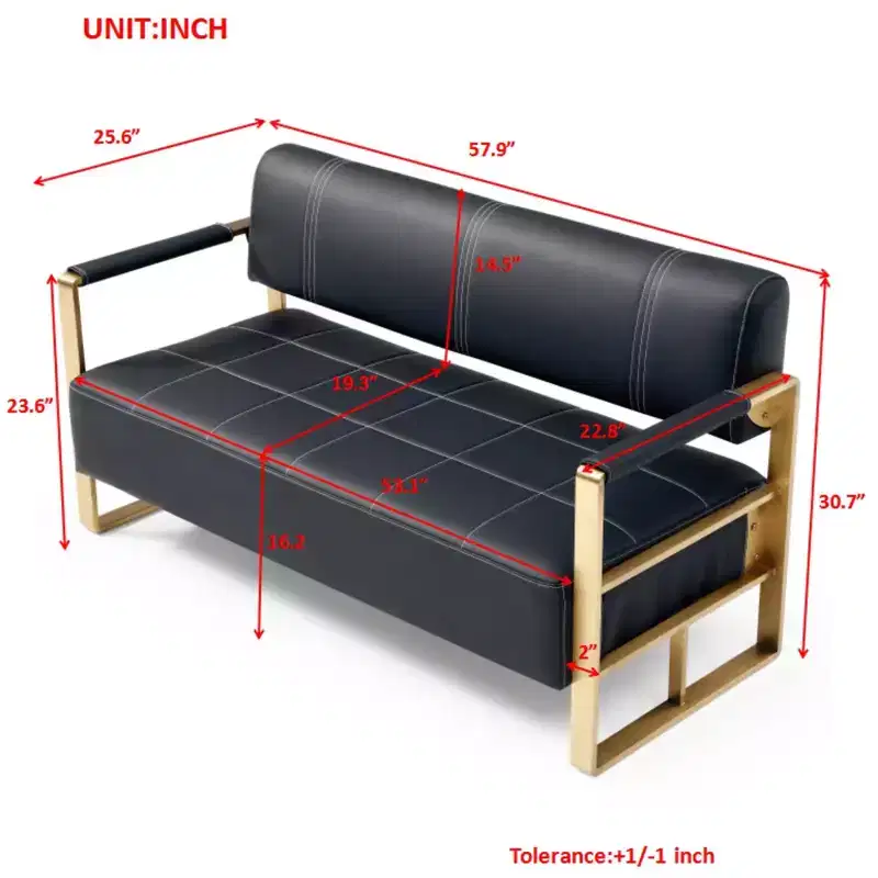 TUYOHW 57.9 Inch Faux Bonded Leather Loveseat Sofa with Golden Metal Arms for Living Room,Office,Apartment