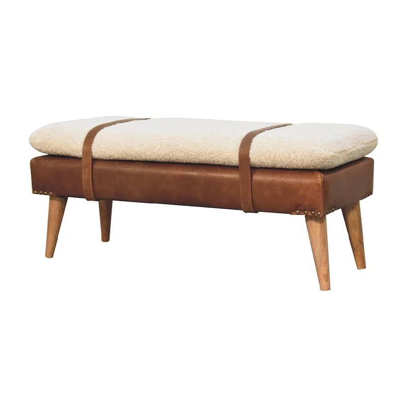 Boucle & Buffalo Hide Leather Bench – Oak Legs, Belted Strap Design