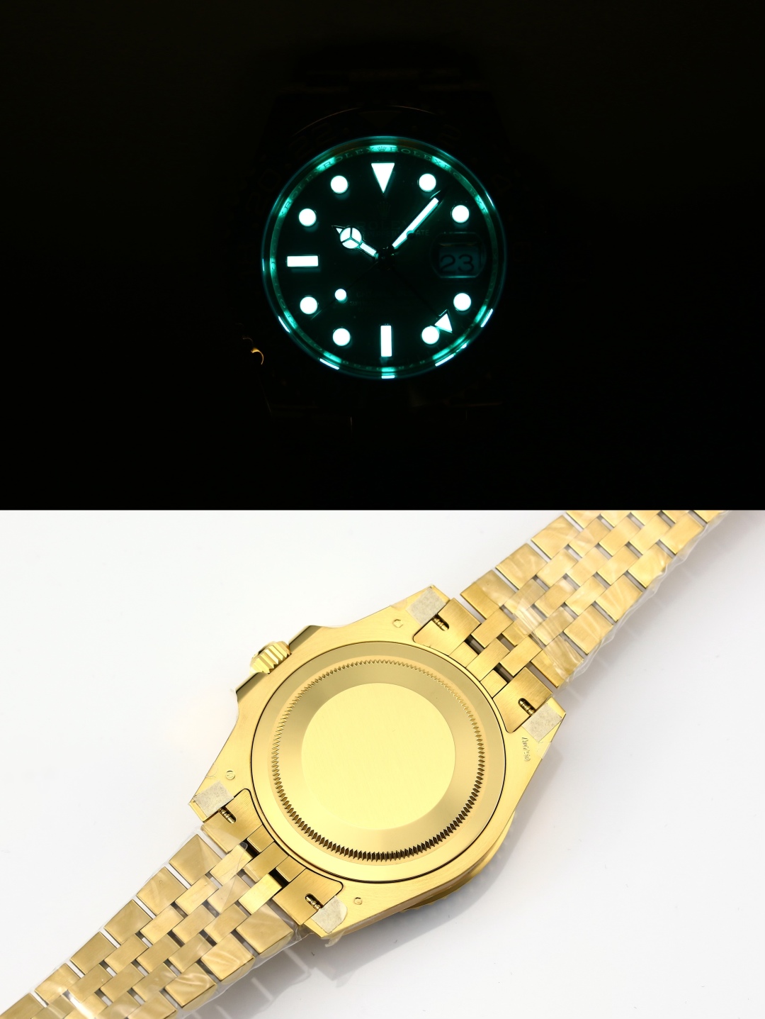 Lume test en caseback van gouden Rolex imitatie horloge
