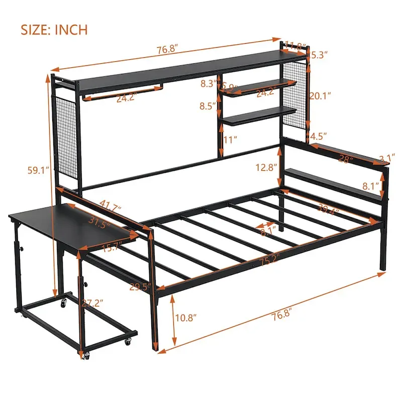 Metal Daybed with Movable Desk, Shelves and Clothes Hanger