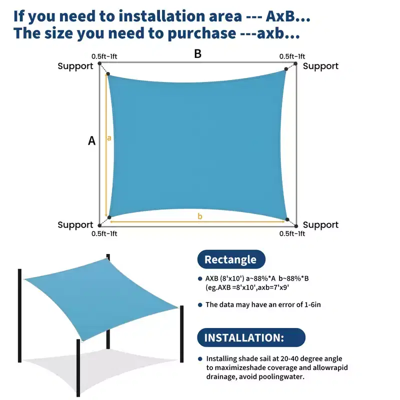 8x10FT Rectangle Outdoor Sun Shade Sail Canopy, UV Block Patio Awning, Sun Protection Shade for Deck, Backyard, Garden and Yard