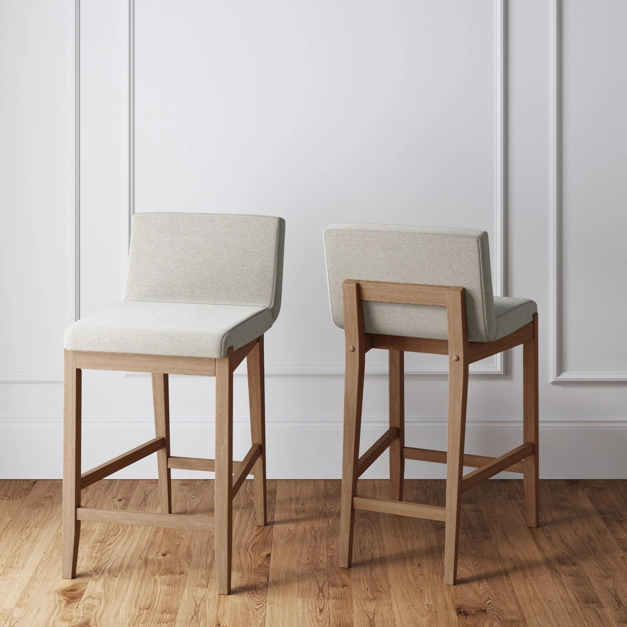 Gracie Modern Bar Stool, Boucle Upholstered Chair and Brushed Wooden Legs