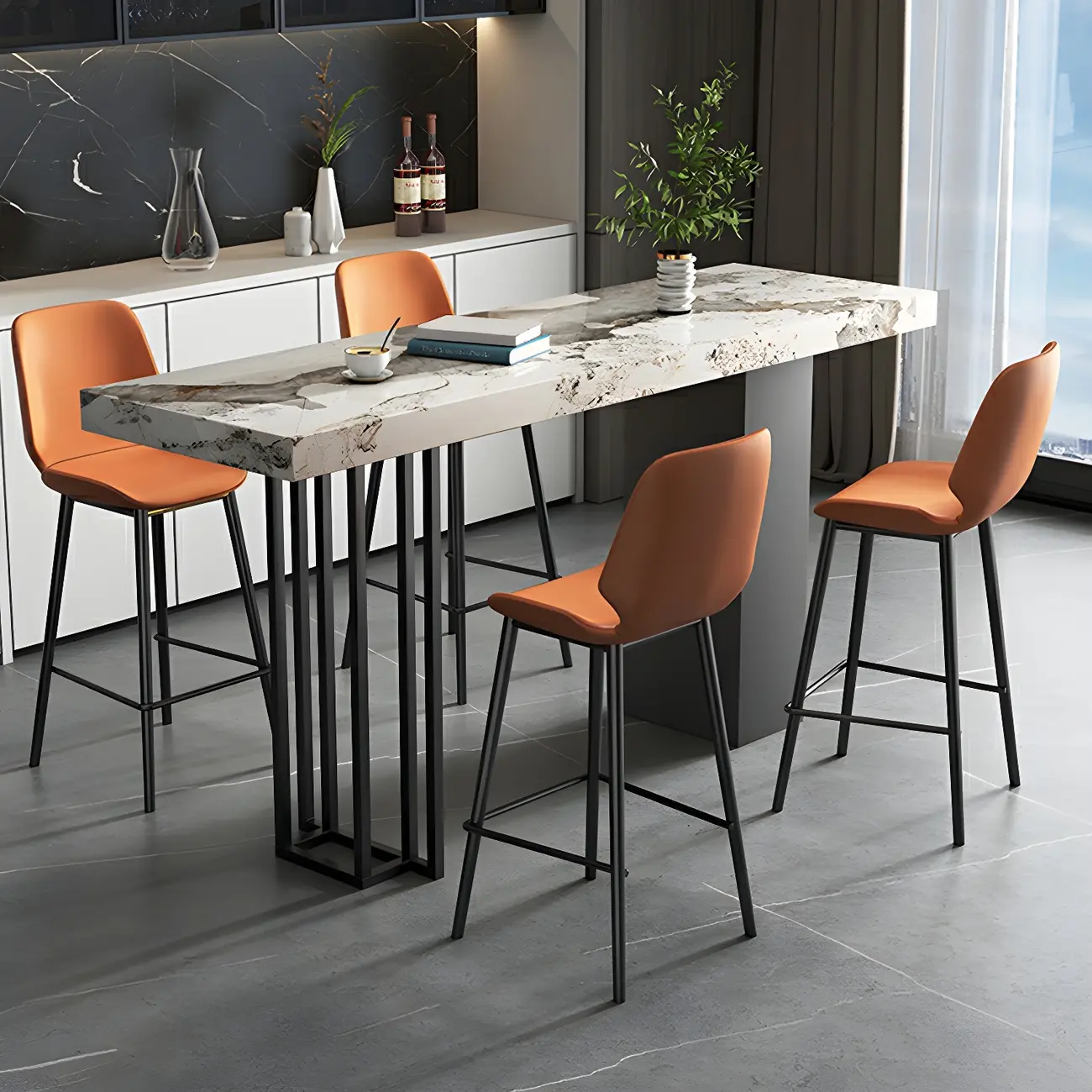 Modern Black Stone Counter Height Metal Rectangular Bar Table