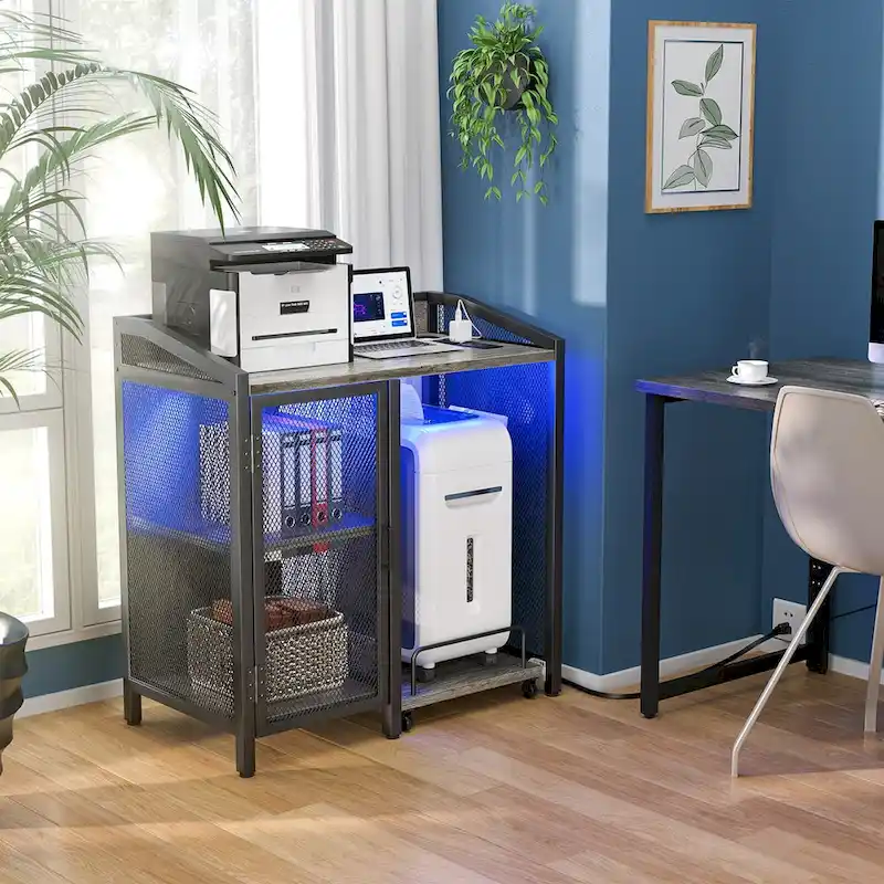 Grey Oak / Brown / Black Storage Cabinet with Power Outlet & USB Ports, 1-Person Use