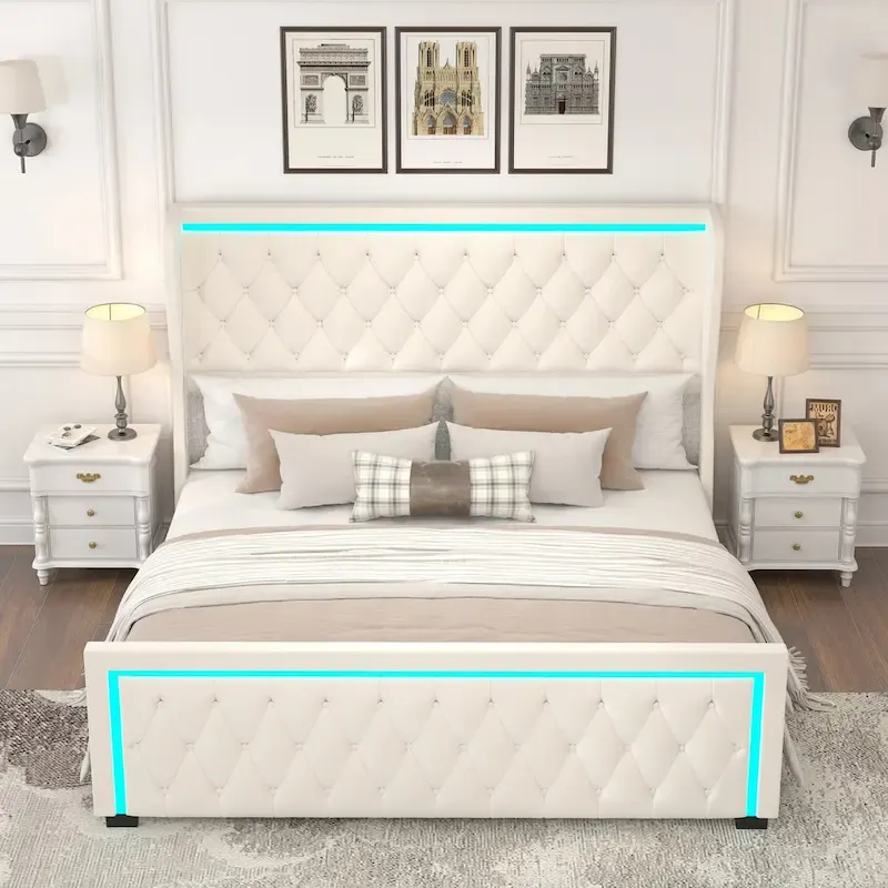 Velvet Queen Platform Bed with LED Headboard