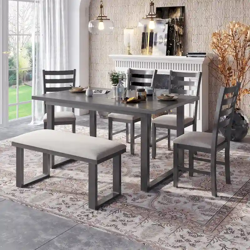 Gray 6-Person Rustic Dining Set, Table, 4 Chairs & Bench