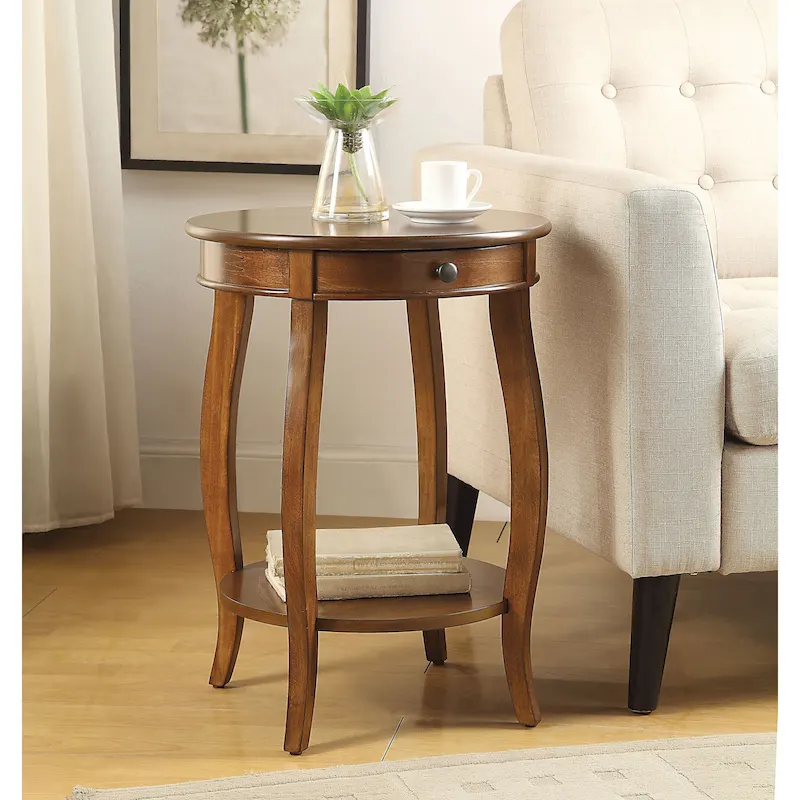 Round Wood End Table with Drawer and Bottom Shelf
