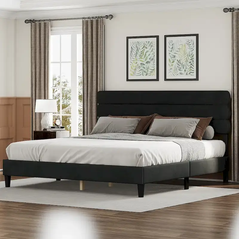 Light Grey / Green / Dark Grey Linen Upholstered Full Platform Bed Frame with Padded Headboard and Wood Slats – 1-Person
