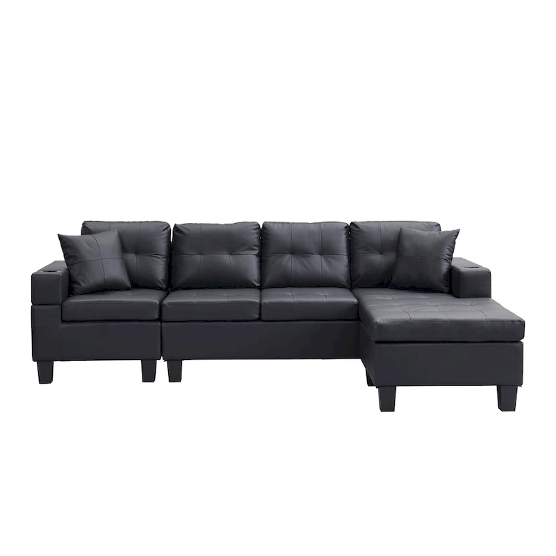 Black 96.06 Modern L-Shaped 4 Seater Sectional Sofa with Chaise Lounge, Cup Holders, and Throw Pillows