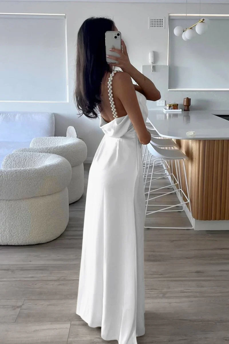 Yellow Sheath Spaghetti Straps Satin Long Prom Dresses With Pearls