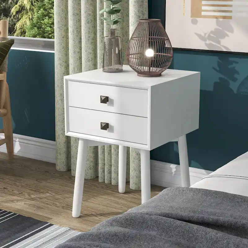 Mid-Century Modern Wood 2-Drawer Compact Nightstand Side Table