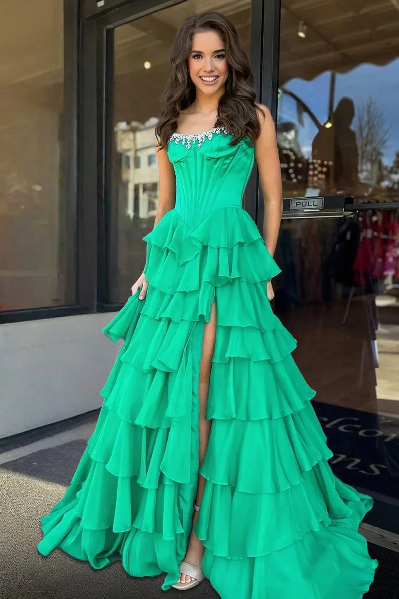 Green Scoop Neck A Line Chiffon Ruffled Prom Dresses With Beading