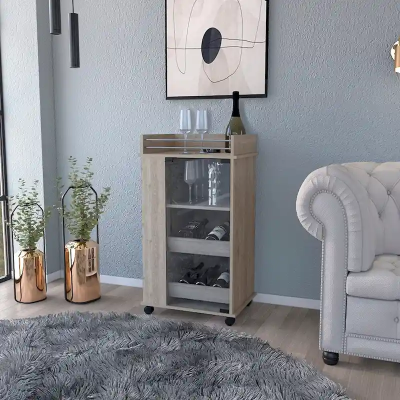 Bar Cart with Casters Reese, Six Wine Cubbies and Single Door for Kitchen, Party and Living Room
