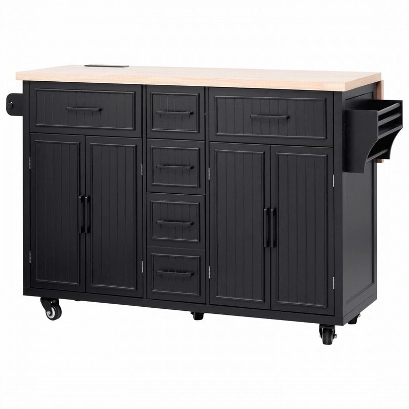 56.5 Kitchen Island with Drop Leaf and Charging Station, Rolling Kitchen Cart on Wheels with Drawers and Adjustable Shelves