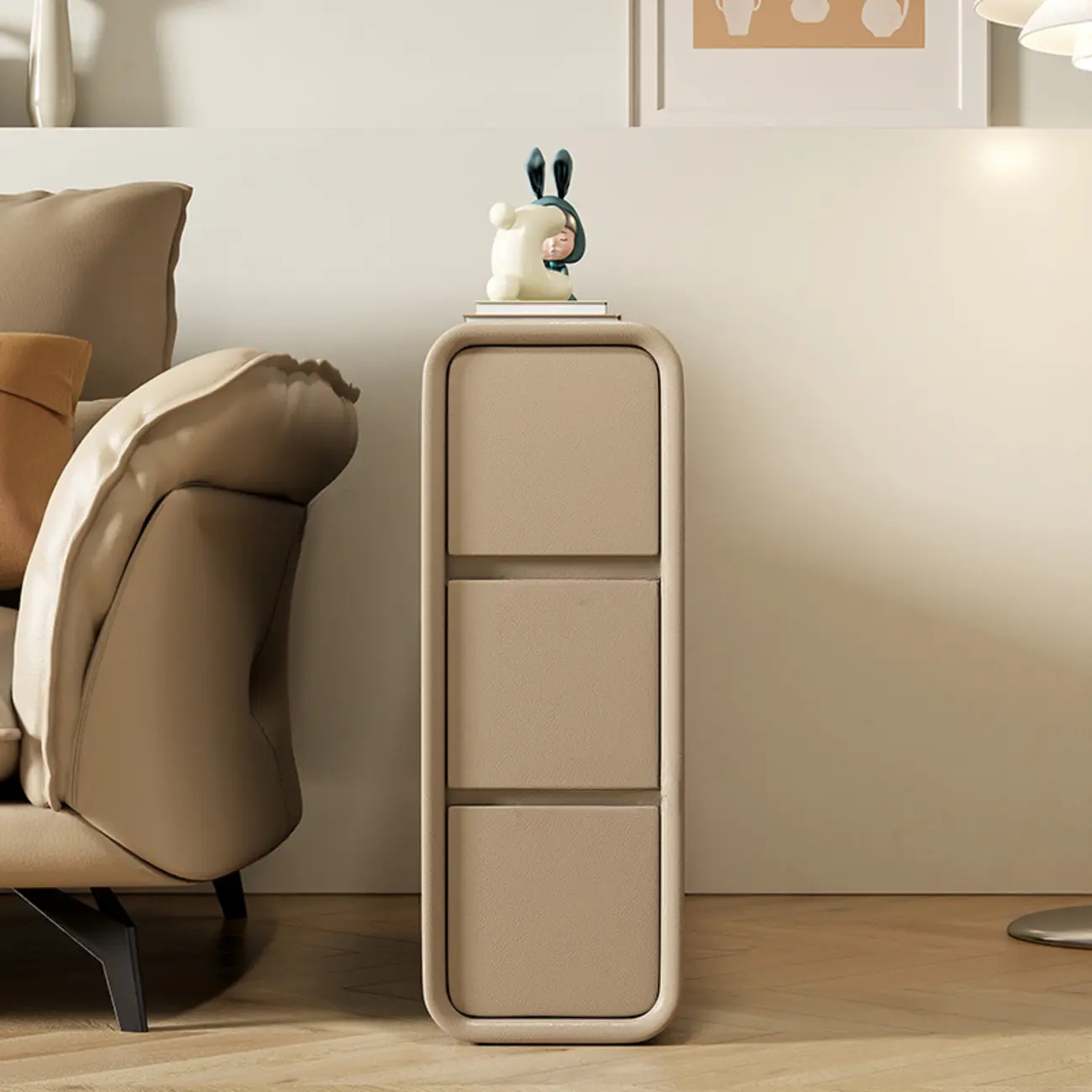 Sleek Rectangular Leather White 3 Drawers Narrow Side Table