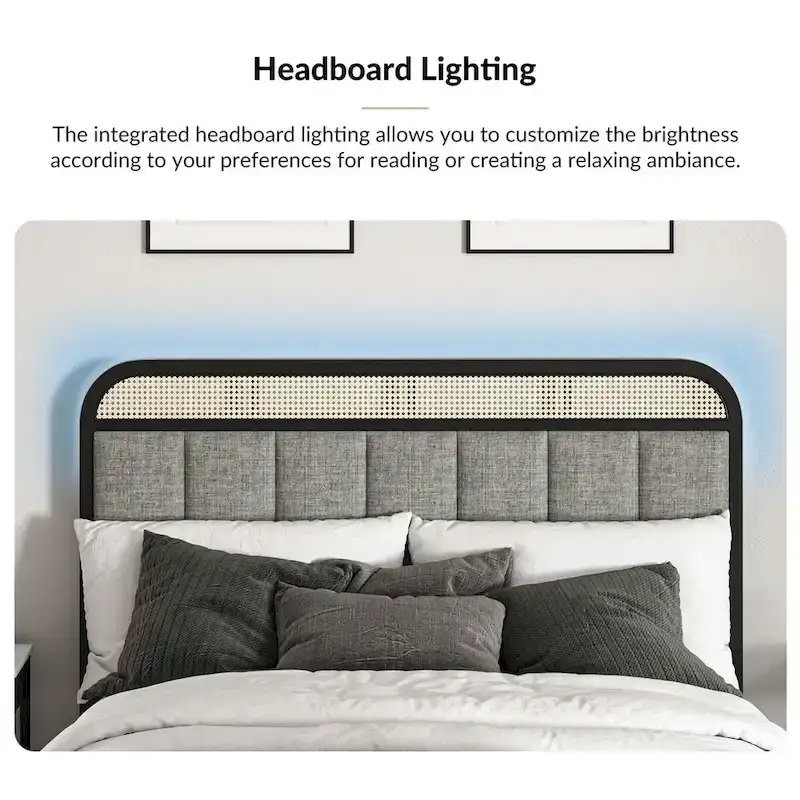 Alphons Modern Solid Wood Frame Ratten Bed with LED Headboard by HULALA HOME