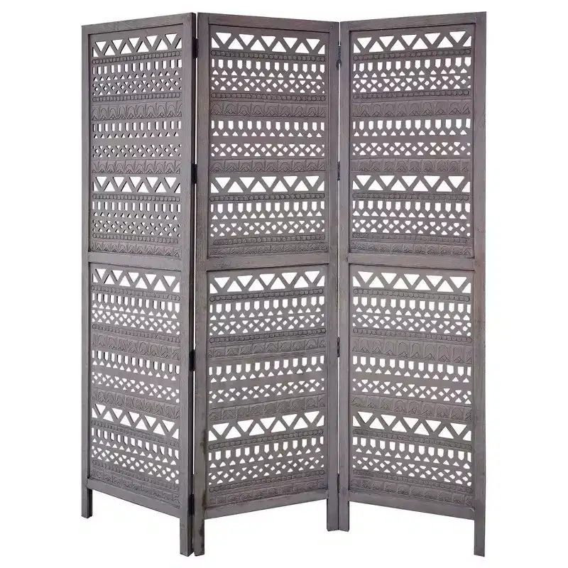 Royal Hampton 3 Panel Folding Mango Wood with Inticate Cut out Geometric Design Room Divider Screen