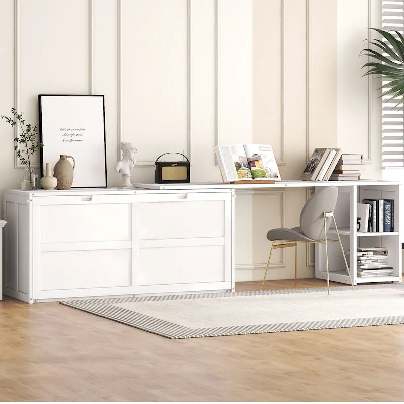 White / Gray Queen Murphy Bed Cabinet with Rotating Desk & 2 Storage Shelves