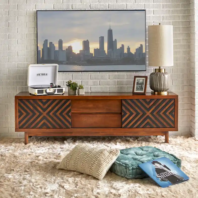 Tobacco Brown/White & Black Mid-Century Geometric TV Stand, Fits TVs up to 75