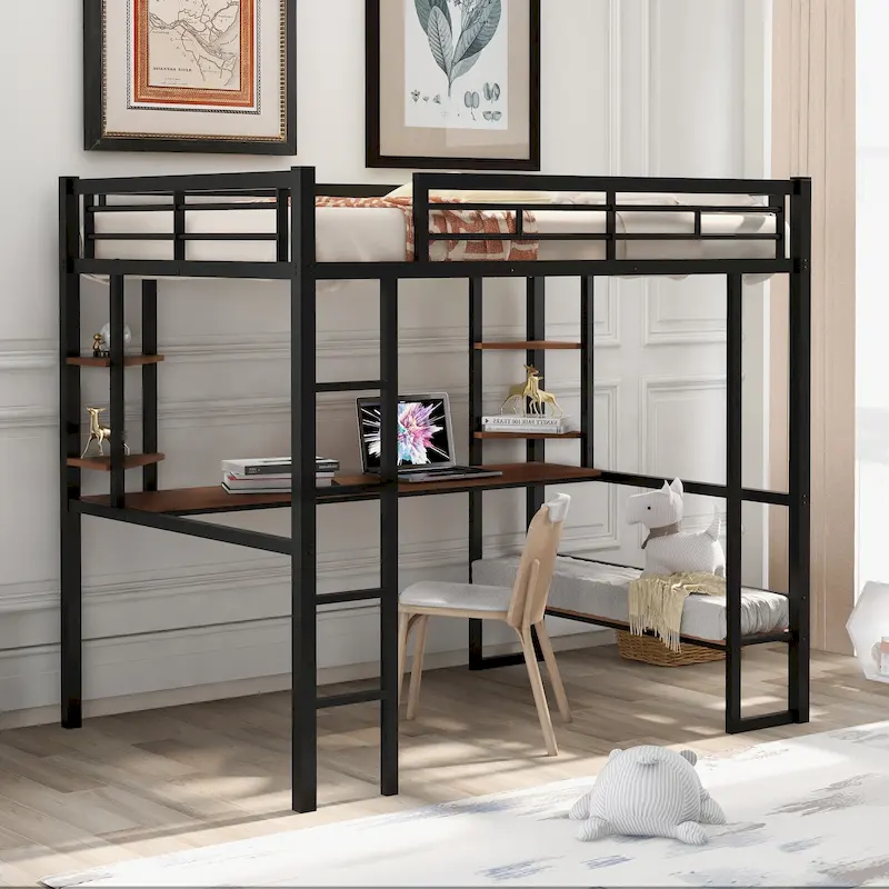 Black Full Size Metal Loft Bed with Long Desk and Shelves for Kids, Boys and Girls