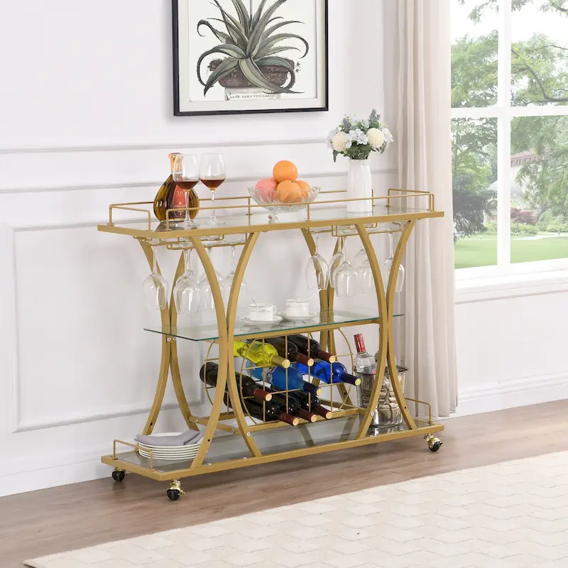 Bar Cart with Wine Rack Tempered Glass Metal Frame Wine Storage