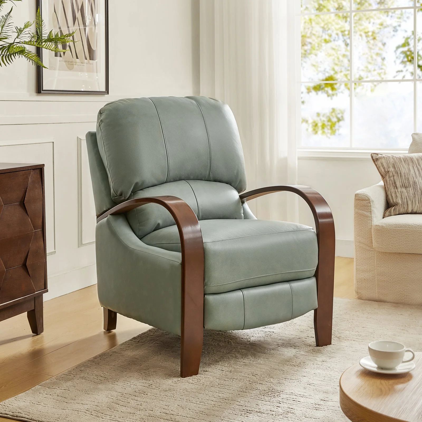 Genuine Leather Manual Recliner with Curved Arms, Sinuous Spring & Walnut Rubberwood Legs | Beige / Chocolate / Camel / Black / Burgundy / Brown / Navy / Dove / Grey | Single Seat