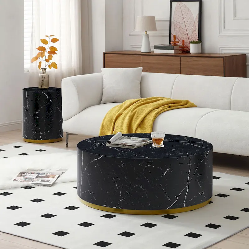 Black and Gold Round Side Table with Marble Top