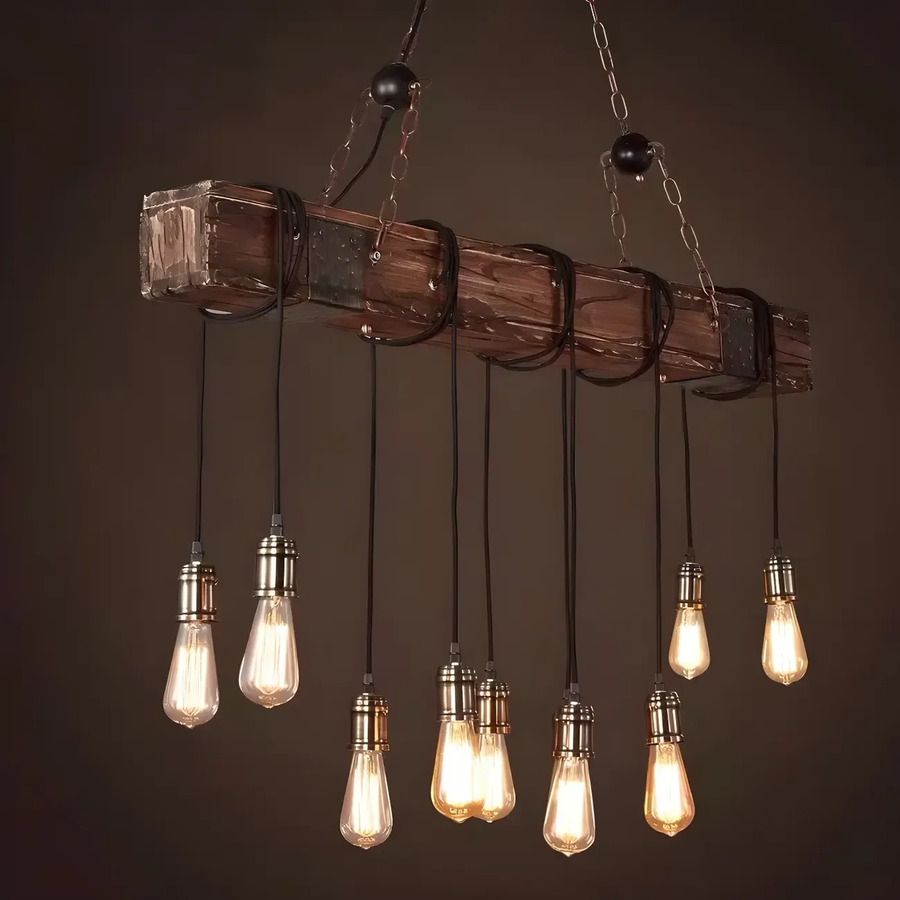 Industrial Brown Wood Large Island Hanging Light