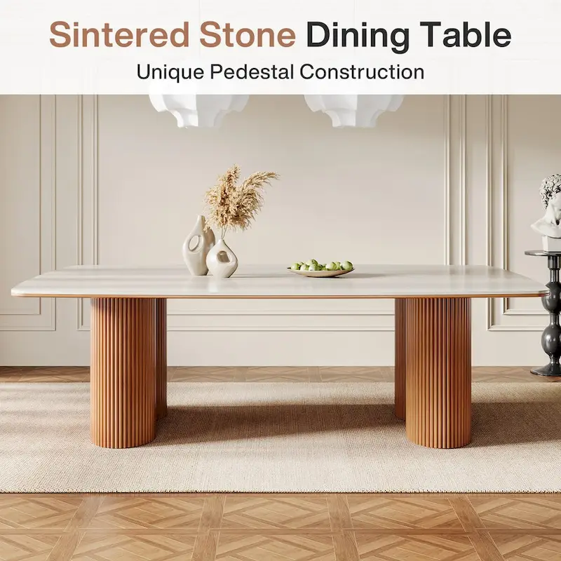 78.7Rectangle Dining Table, Luxury Sintered Stone Kitchen Table with Solid Wood Legs