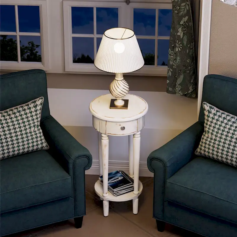 COSIEST White Distressed Round Tall Telephone Stand Table