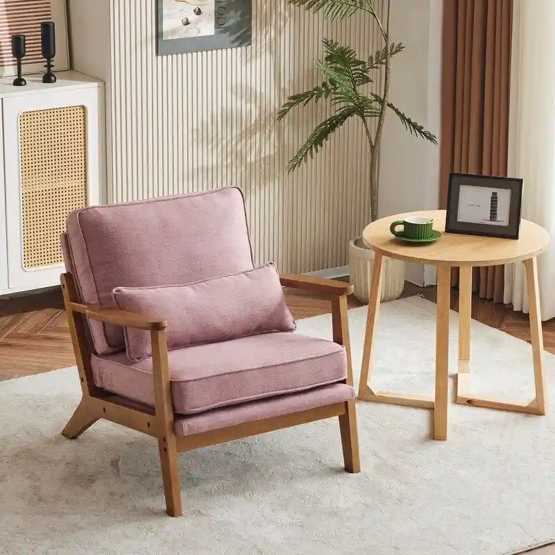 Upholstered Linen Blend Accent Chair with Wooden Legs and Pillow, Beige