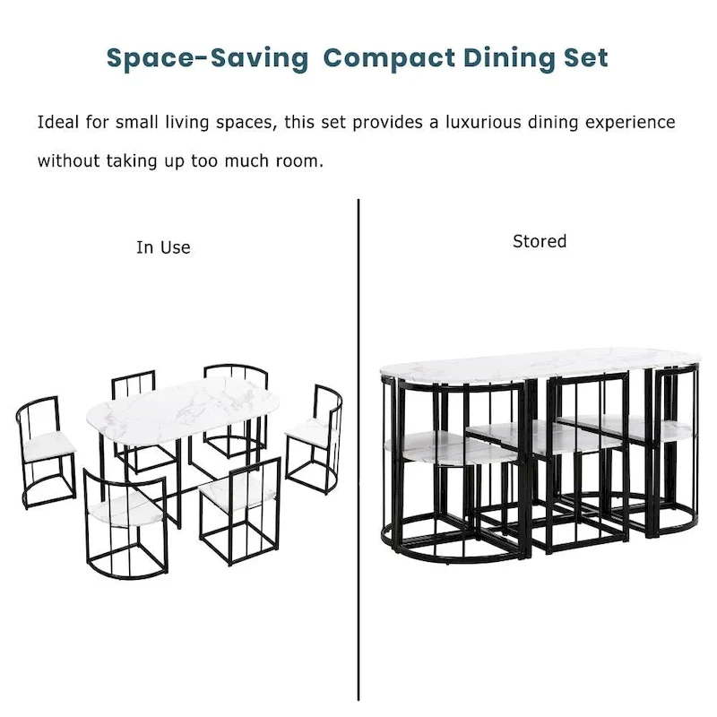 Modern 7-Piece Dining Table Set with Faux Marble Compact