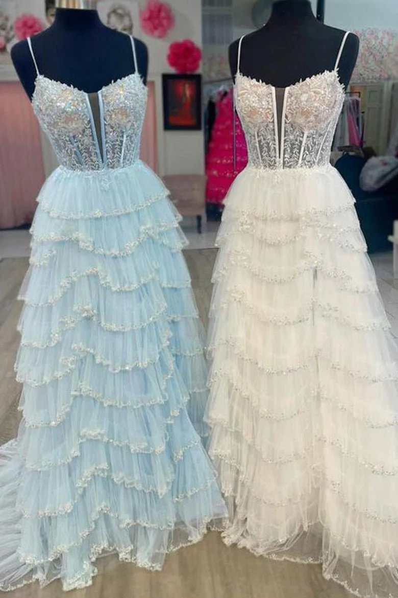 Straps Black Mesh Cutout Sequined Layered Long Prom Dress