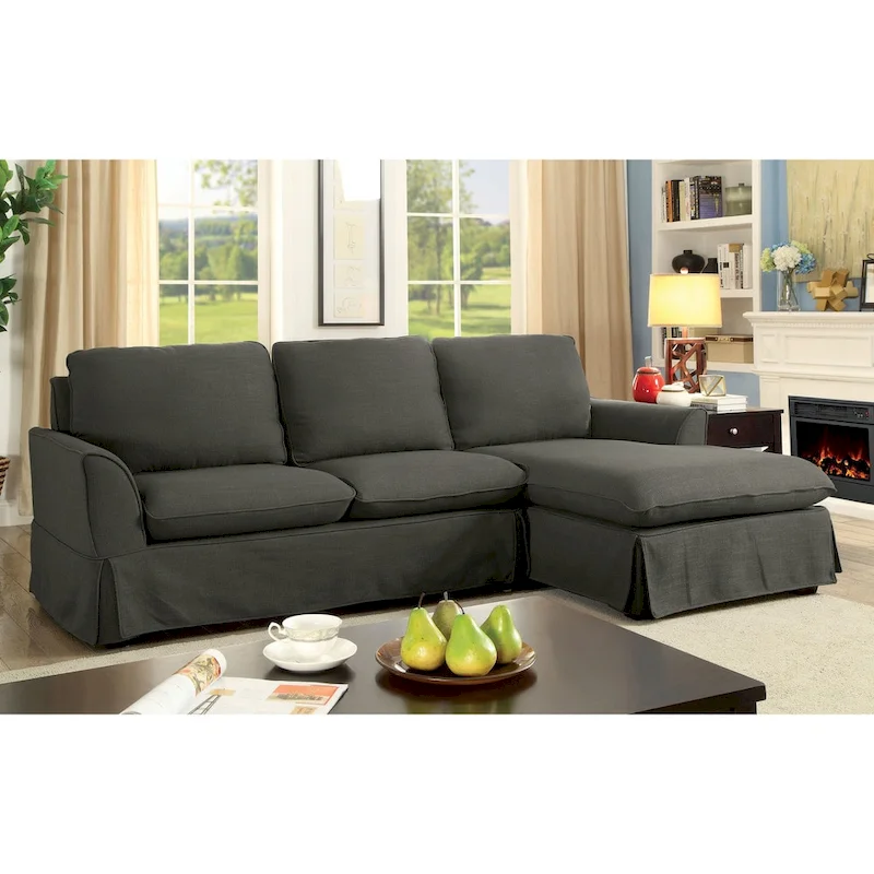 Grey Linen Skirted L-Shape Sectional Sofa - Right Facing