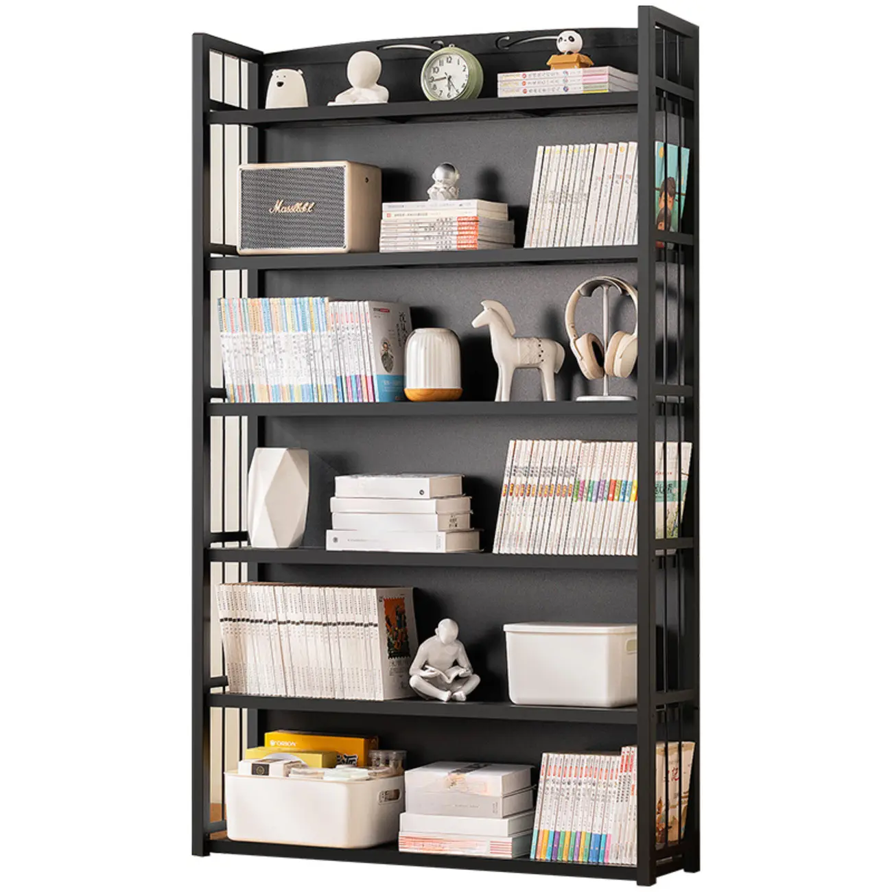 Premium Bamboo Modern Black 5-Shelf Open Bookshelf