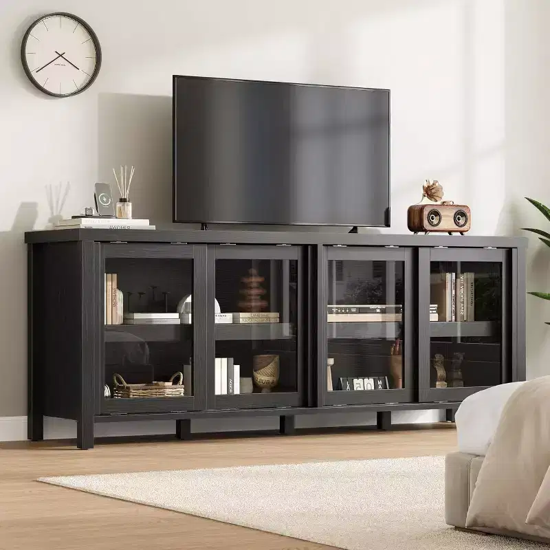 65 Inch Mid Century Modern TV Stand with 4 Sliding Glass Doors, Storage Cabinet Media Console for Living Room,Finish Entertainment Center